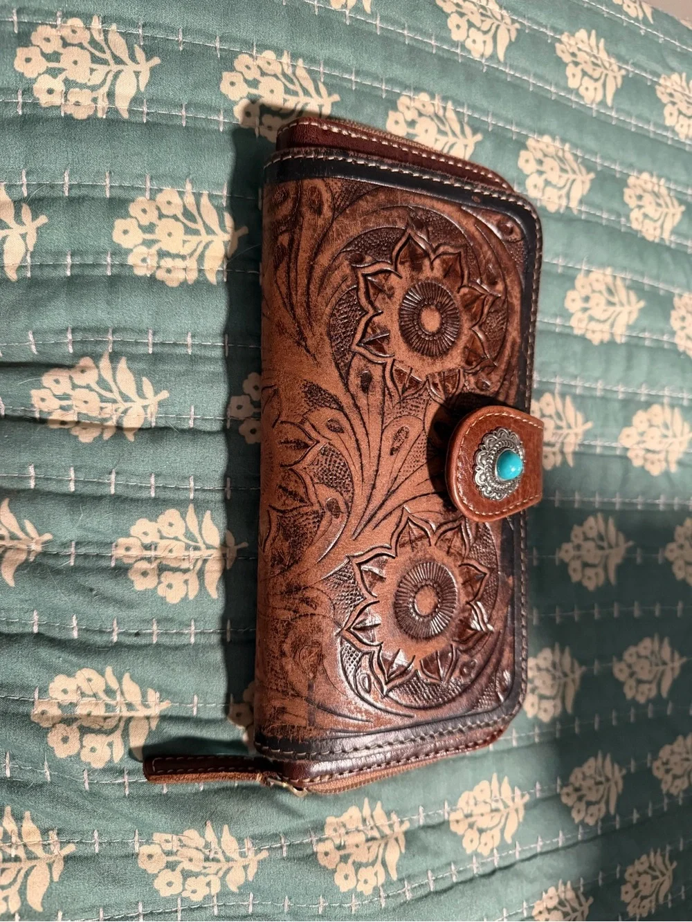 Brown Floral Tooled Leather Phone Wallet Case with Turquoise Accent